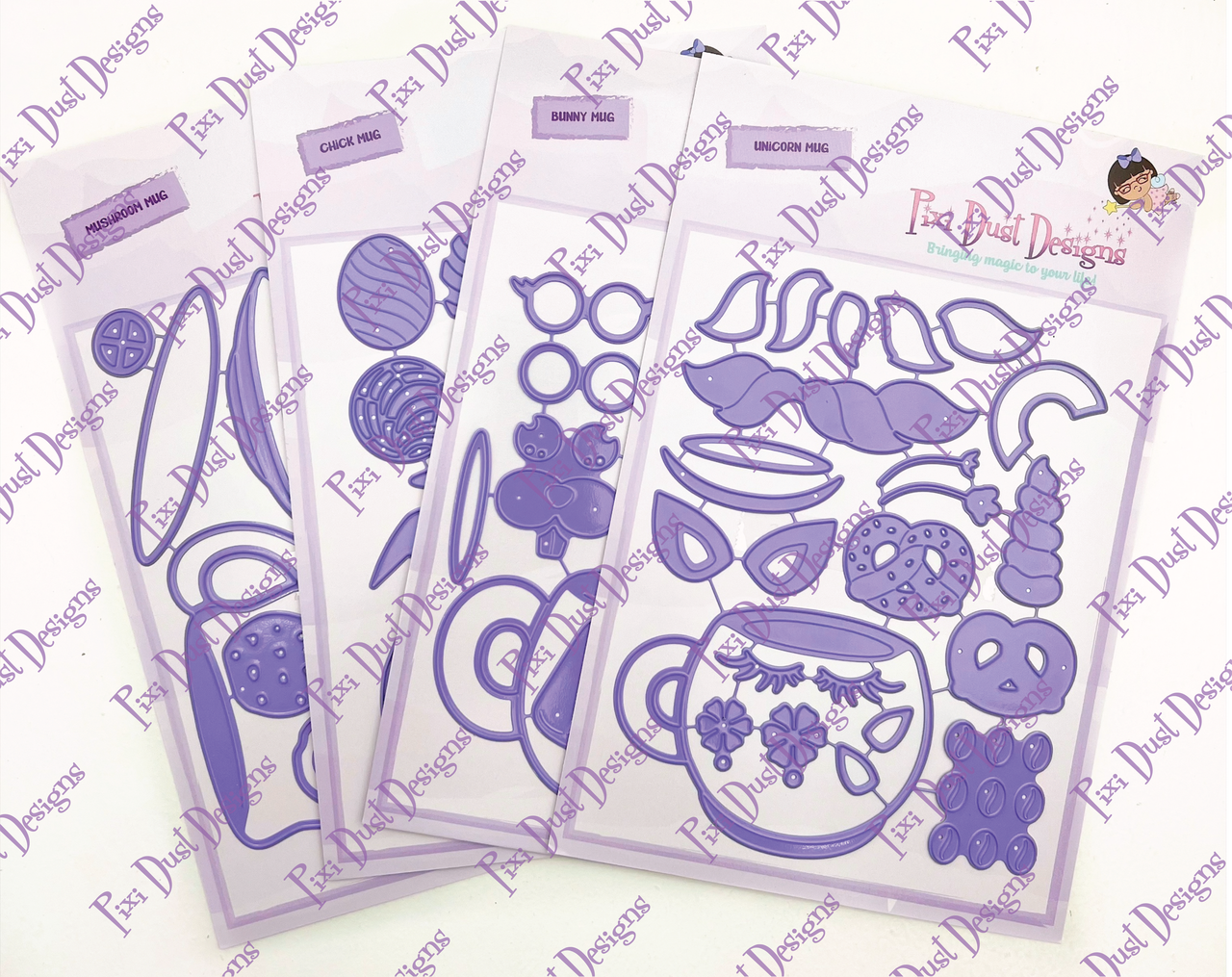 Mug die set bundle with Bunny, Mushroom, Chick, and Unicorn.